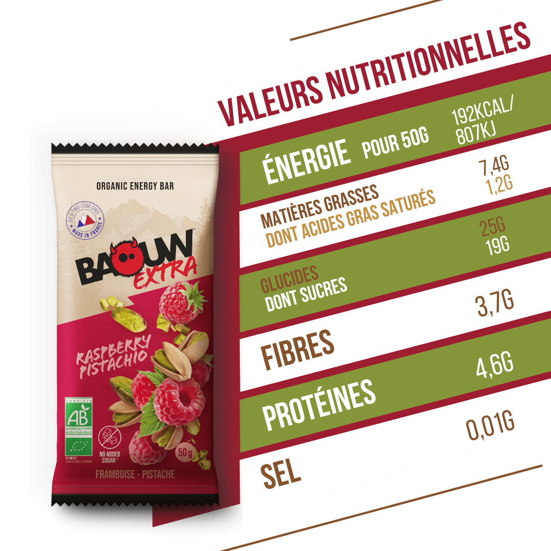Baton energetyczny BAOUW ORGANIC EXTRA malina-pistacja (50g)