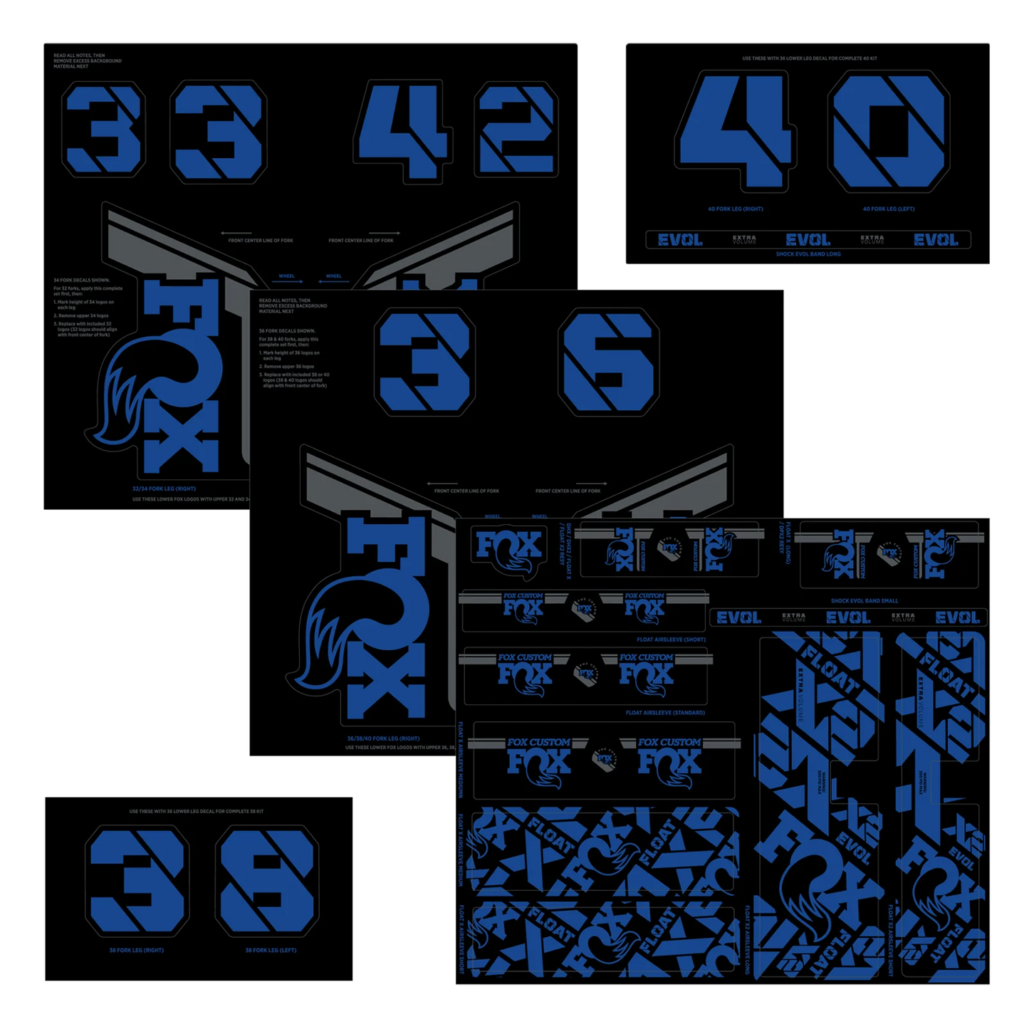 Zestaw niebieskich naklejek na widelec i amortyzator FOX