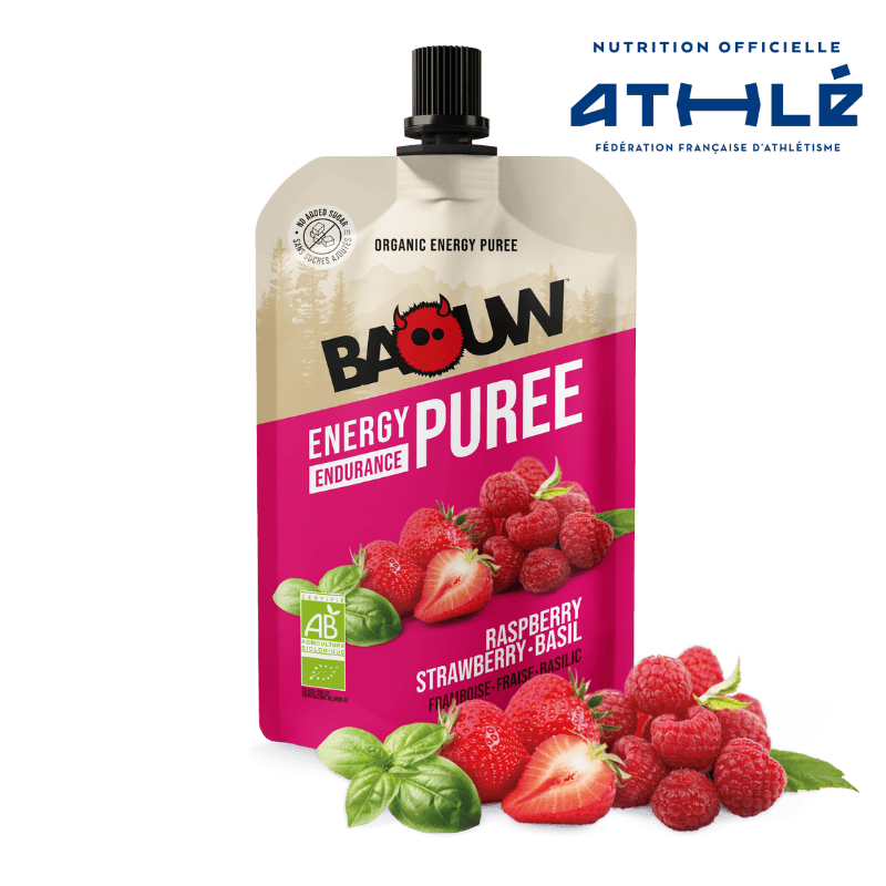 BAOUW Organic Recipe Energy Purée z malinami/truskawkami/owocami bazylii (90g)