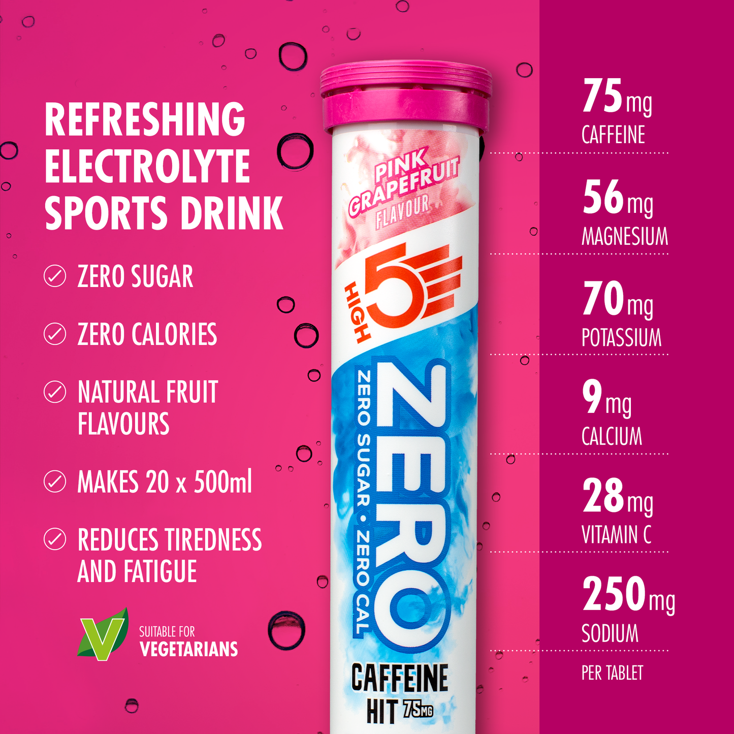High5 ZERO Nawodnienie elektrolitowe z kofeiną (20 tabletek) Różowy grejpfrut